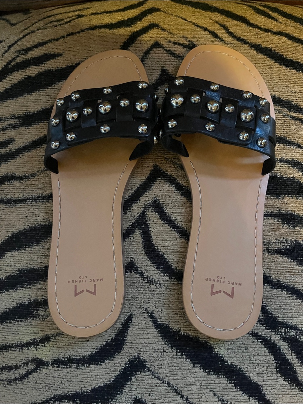 Marc Fisher Pacca Black Studded Woven Slide Sandals Size 8 New without full tag!